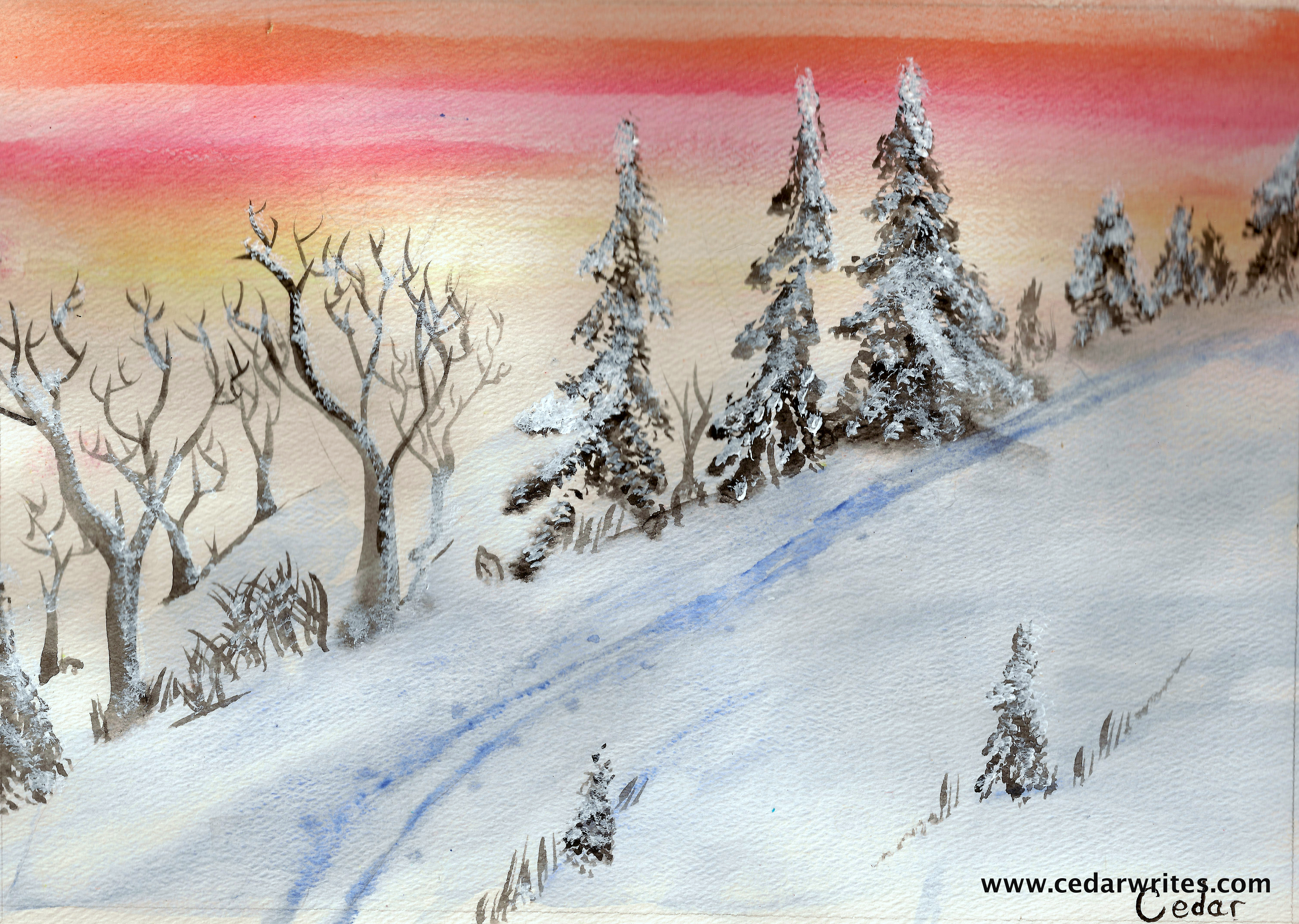 watercolor painting of snow and sunset