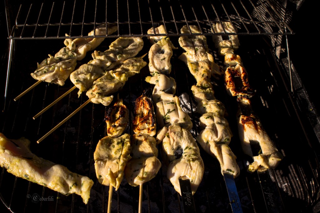 Chicken skewers on grill 