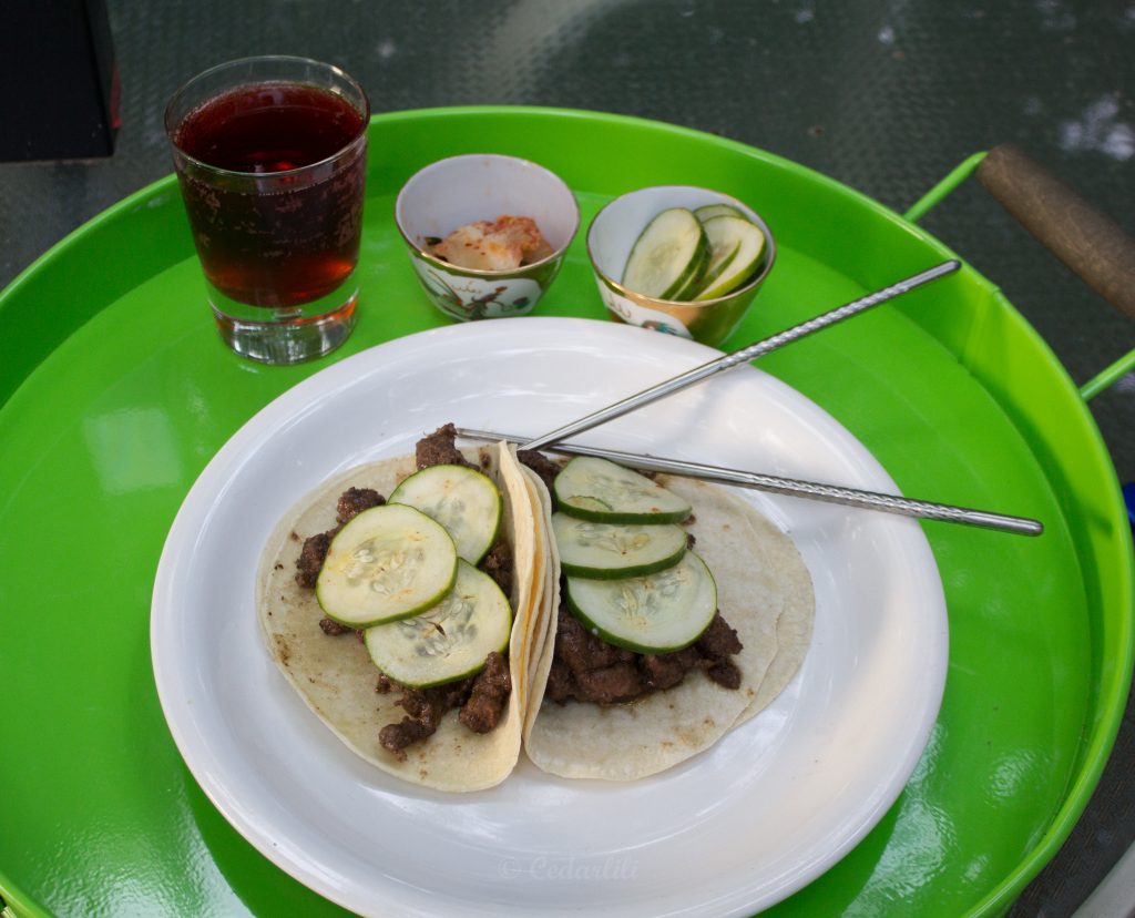 Korean Elk Tacos with quick pickles, kimchee, and sparkling cranberry. 